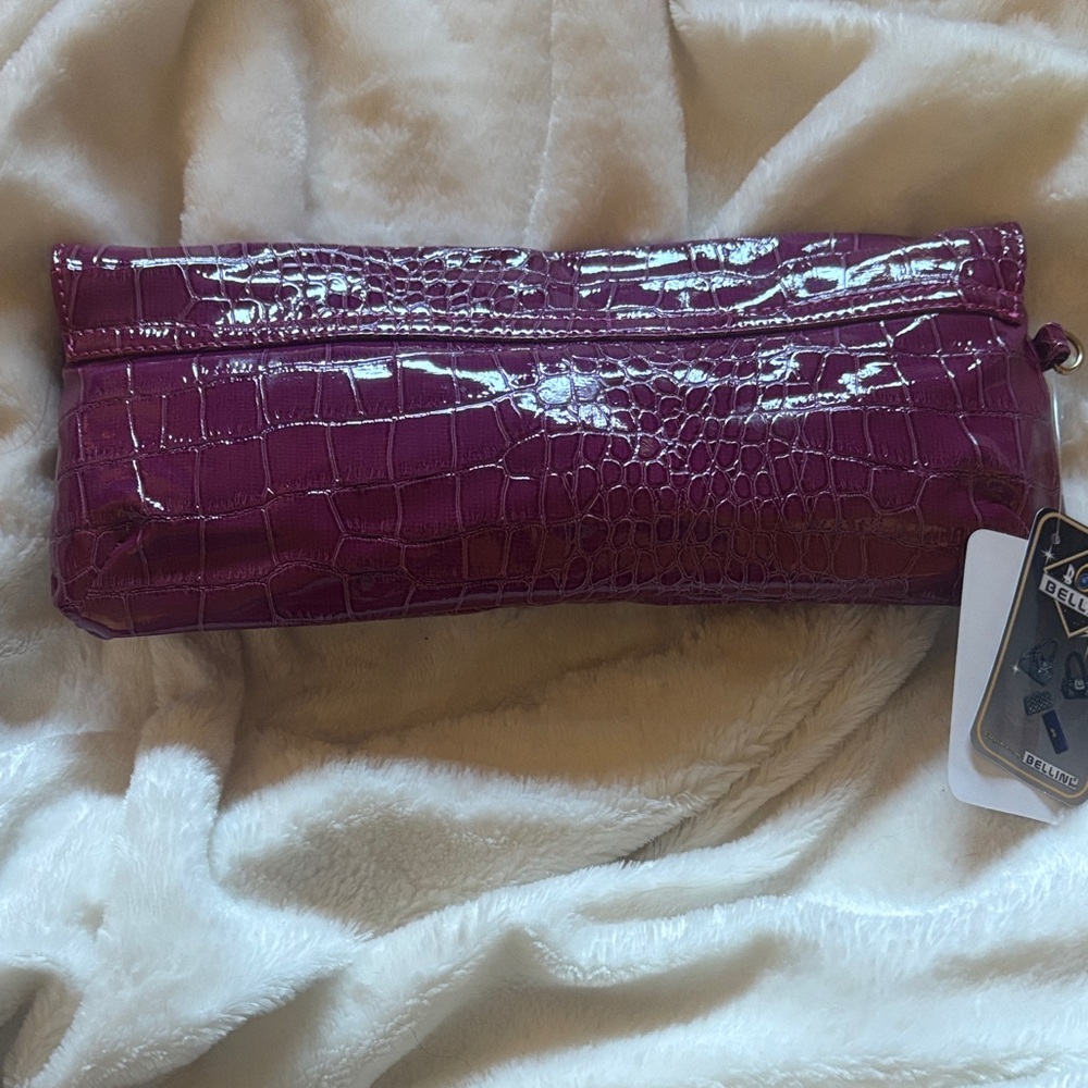 Bellini Purple Croc-Embossed Patent Clutch with Gold Hardware - Picture 3 of 4